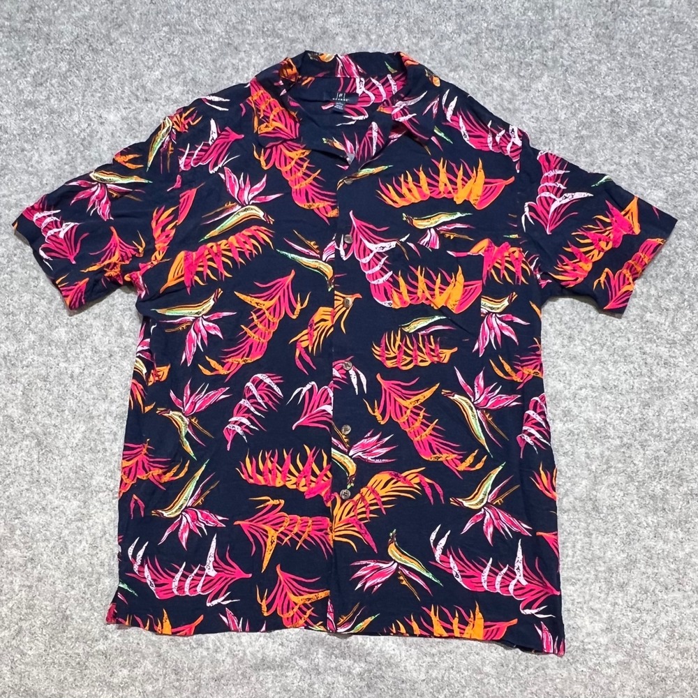 George Mens Tropical Bird of Paradise Rayon Camp Shirt Navy Pink Large